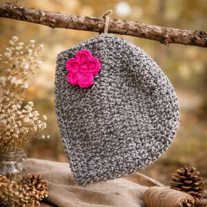 Handmade Crochet Baby Beanie | Gray Knit Hat with Pink Flower | Winter cap